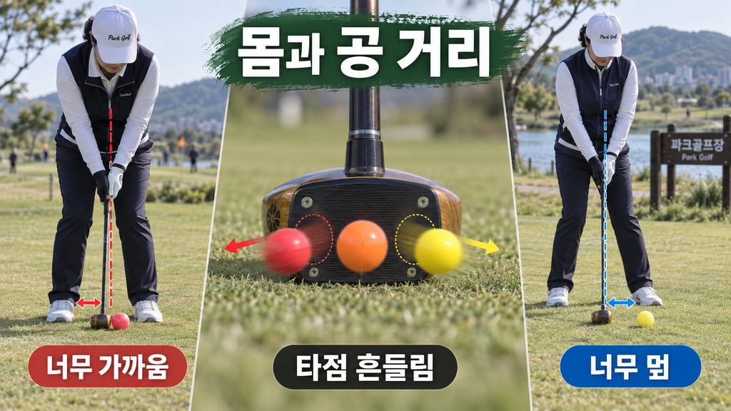 파크골프 공이 헤드 중앙에 맞지 않는 이유, 몸과 공 사이 거리부터 확인하는 방법