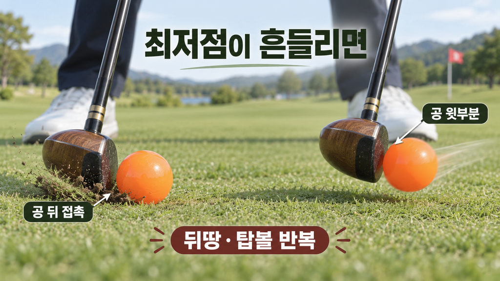 파크골프 뒤땅과 탑볼이 번갈아 나올 때 공 뒤 지면 접촉과 공 윗부분 타점을 비교한 스윙 최저점 설명 이미지