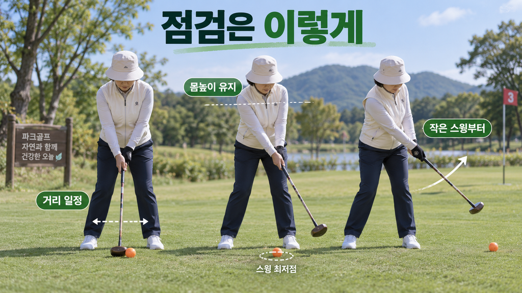 파크골프 스윙 최저점을 일정하게 만들기 위해 공과 몸 사이 거리, 몸 높이, 작은 스윙을 점검하는 방법