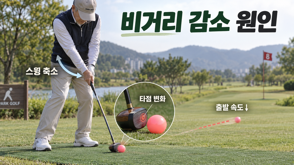 파크골프 비거리 감소 원인을 설명하는 장면으로, 스윙 축소와 타점 변화, 출발 속도 저하를 보여주는 파크골프 스윙 이미지