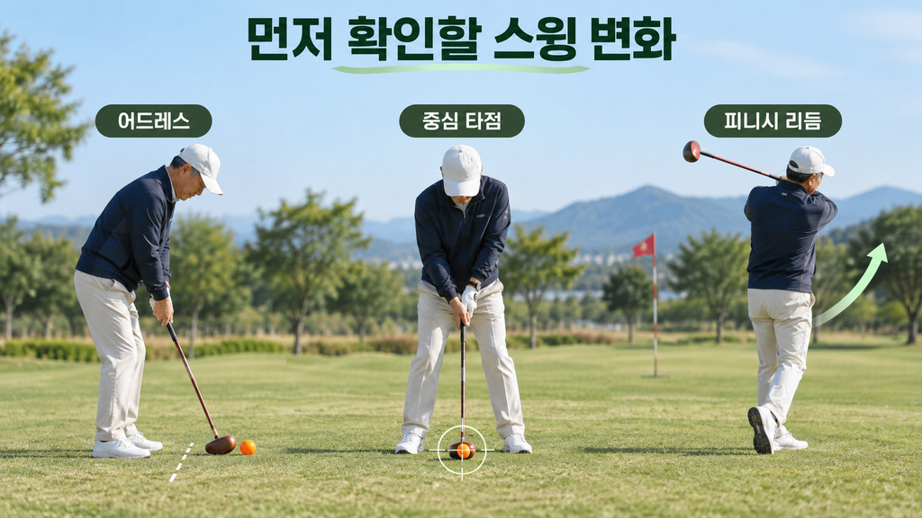 파크골프 비거리가 줄었을 때 어드레스와 중심 타점, 피니시 리듬을 순서대로 확인하는 스윙 점검 이미지
