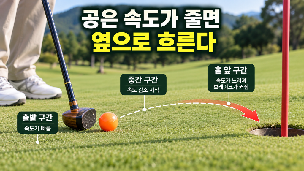 좌우 경사 퍼팅에서 공의 속도가 줄며 브레이크가 커지는 구간을 설명한 파크골프 장면