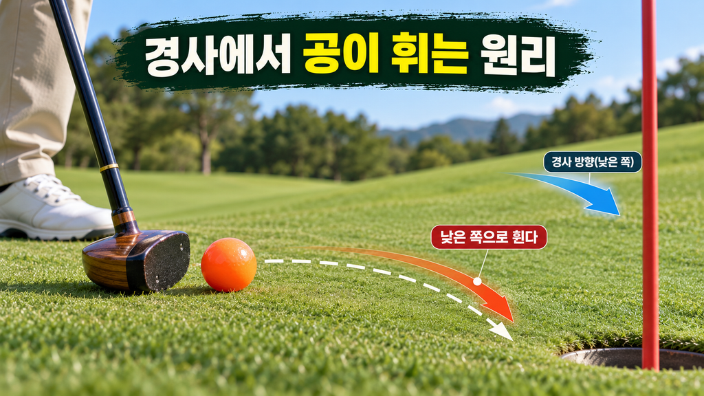 좌우 경사에서 공이 낮은 쪽으로 휘는 방향과 브레이크를 설명한 파크골프 퍼팅 장면