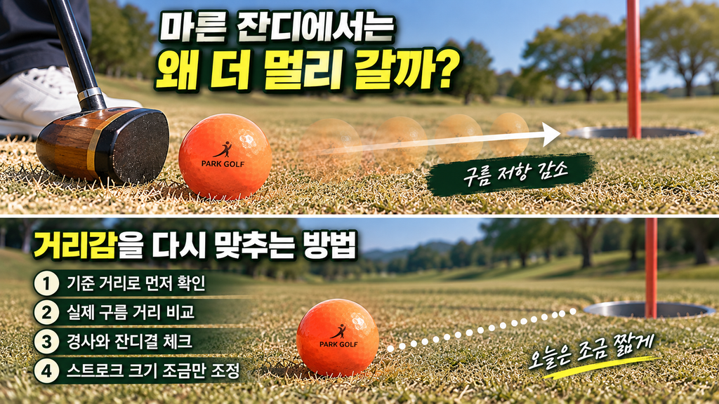 마른 잔디에서 구름 저항이 줄어드는 파크골프 퍼팅