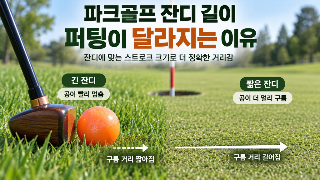 긴 잔디에서 공이 빨리 감속하는 파크골프 퍼팅