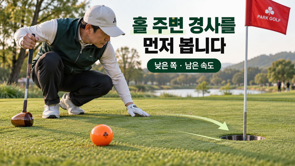 속도가 줄며 경사 쪽으로 흐르는 파크골프 공