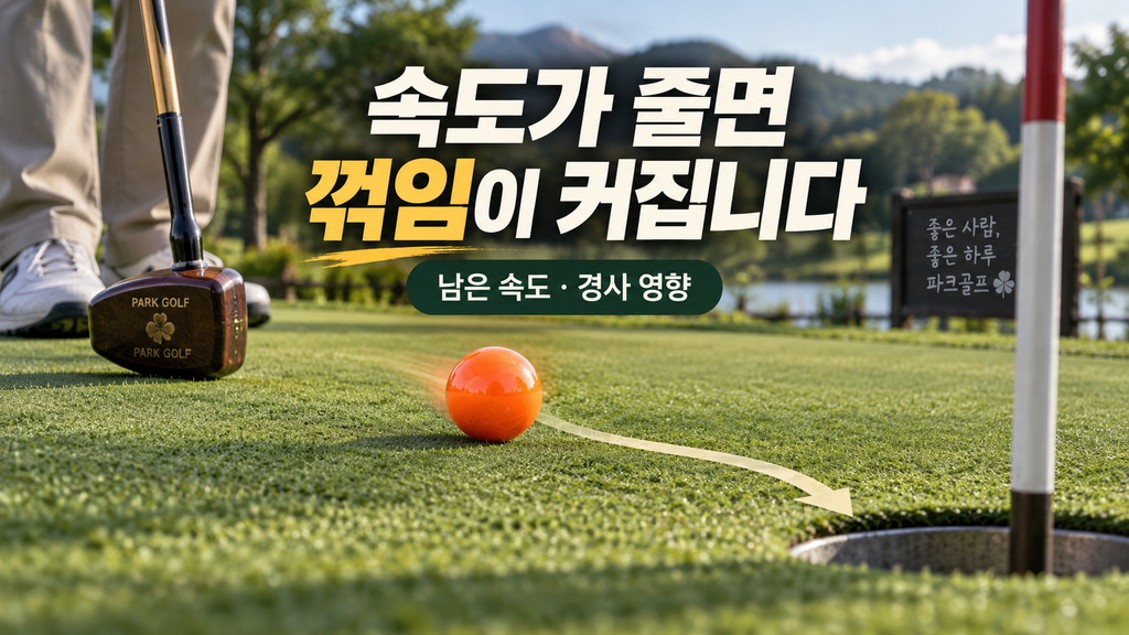 홀 주변 경사를 확인하는 파크골프 퍼팅 장면