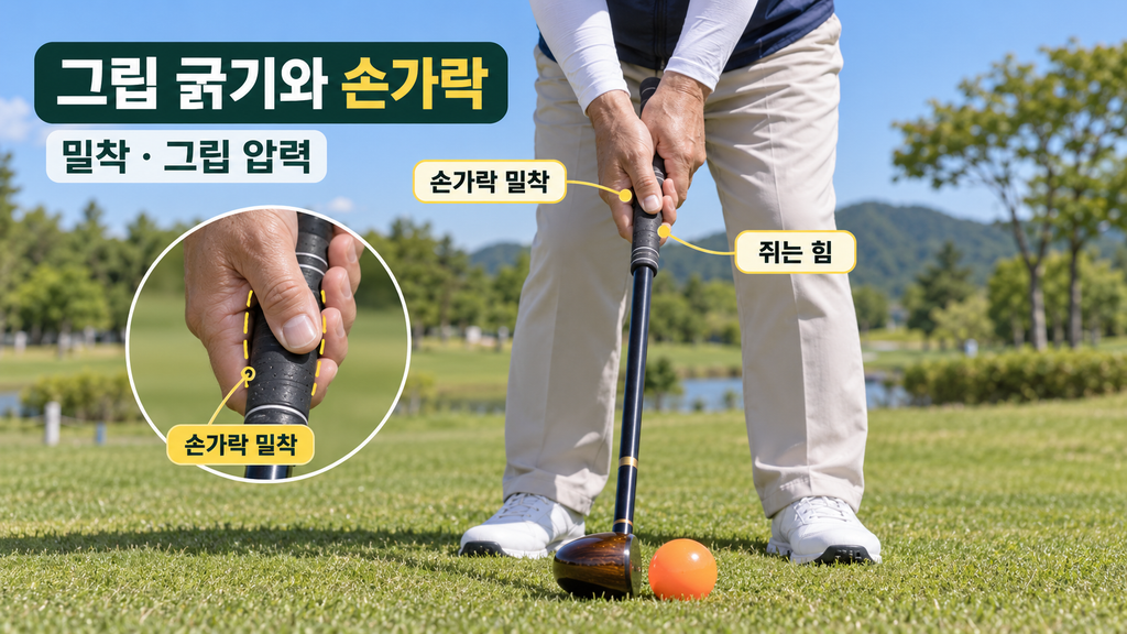 파크골프채 그립을 잡은 손가락 밀착 상태