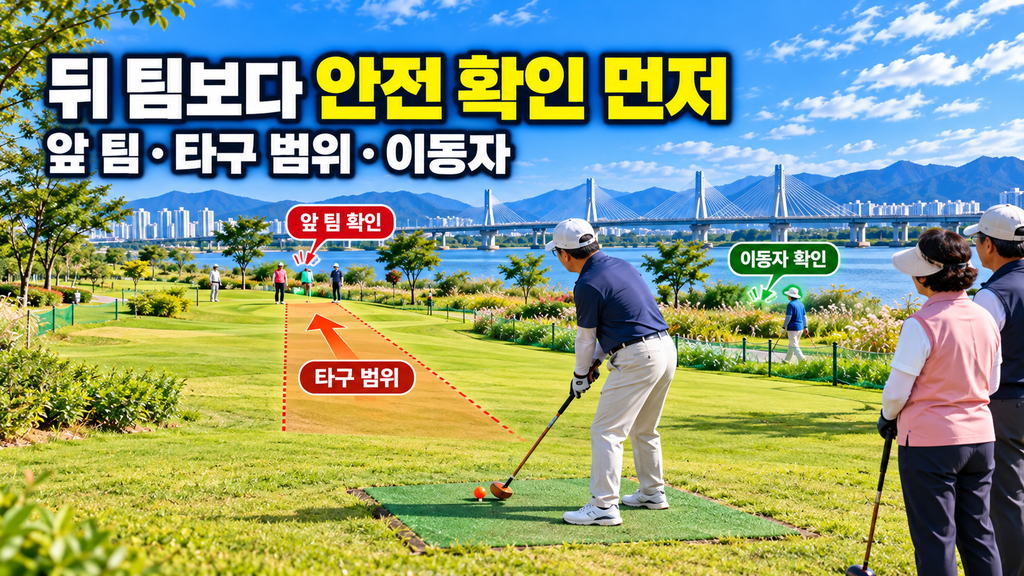 파크골프 타구 차례 전에 거리와 목표 방향을 미리 확인하는 모습