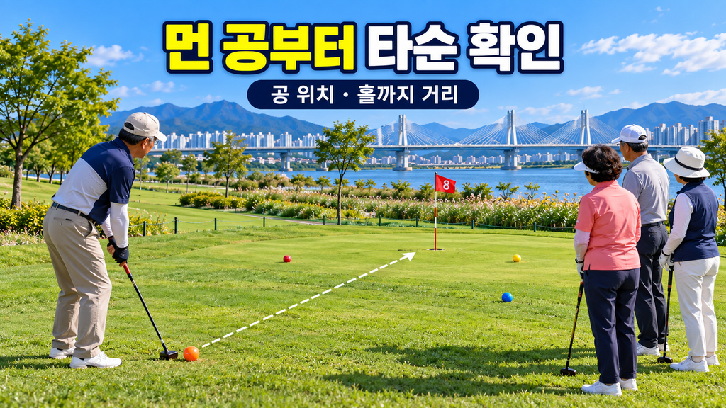 파크골프 공이 흩어졌을 때 홀에서 가장 먼 공의 타순을 확인하는 장면