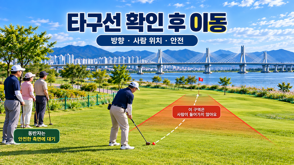 파크골프 다음 타구자의 타구선을 확인하고 안전한 측면에서 이동을 기다리는 조원들