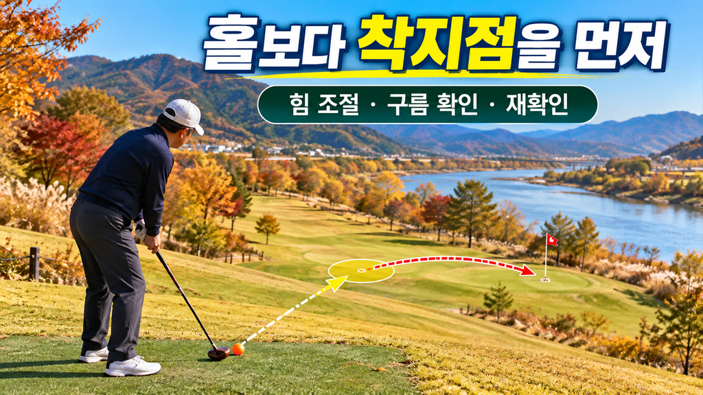 파크골프 내리막 홀에서 예상 착지점을 먼저 정하고 타구 강도를 조절하는 장면