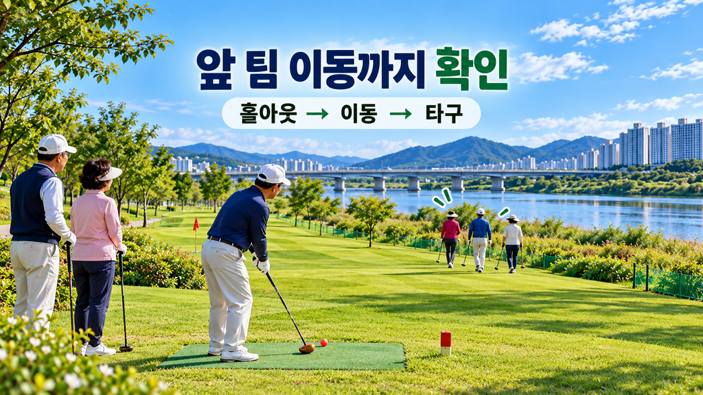 앞 팀의 홀아웃과 이동을 확인한 뒤 티샷을 준비하는 장면