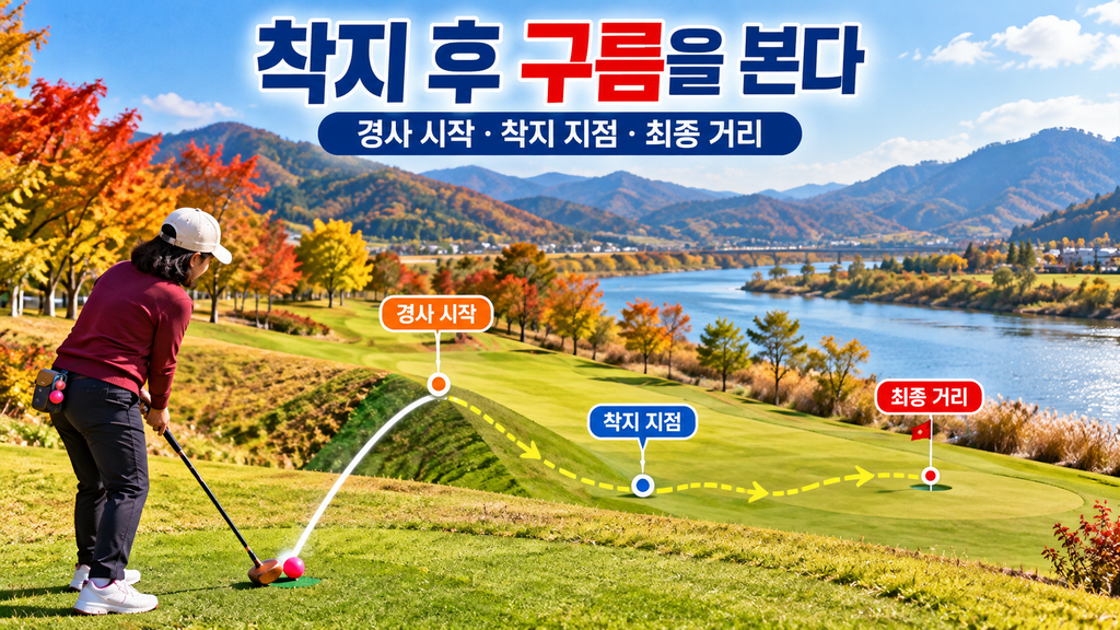 파크골프 내리막 홀에서 착지 후 구름 거리를 확인하는 장면