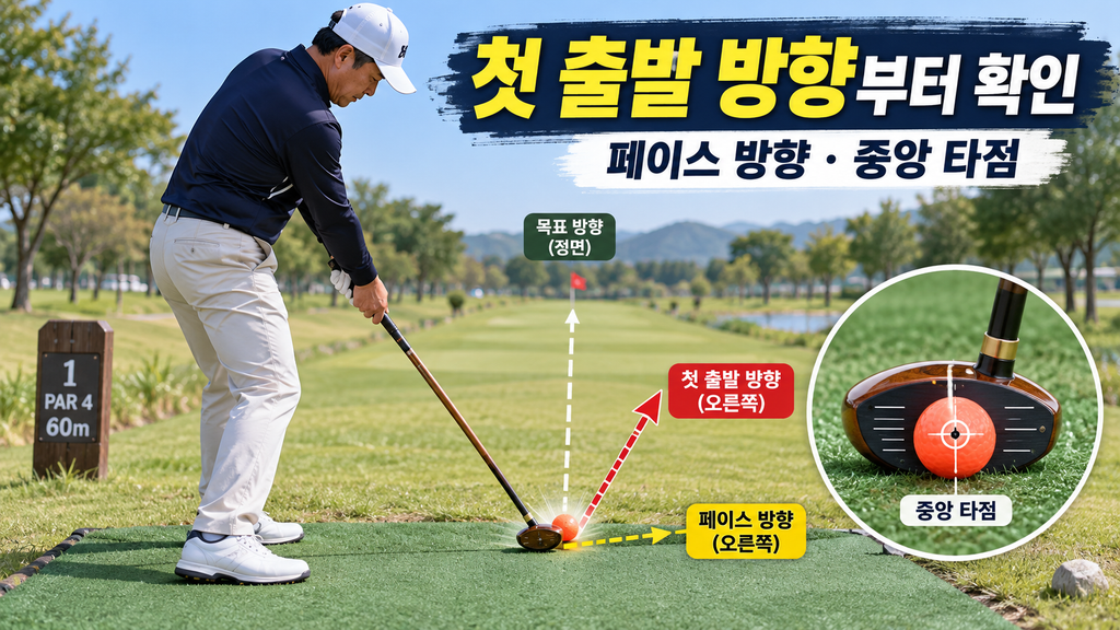 강한 파크골프 티샷에서 첫 출발 방향과 페이스 방향을 확인하는 장면