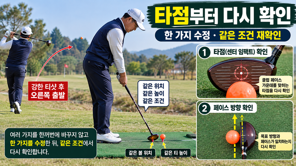 강한 파크골프 티샷 후 중앙 타점과 페이스를 같은 조건에서 재점검하는 장면