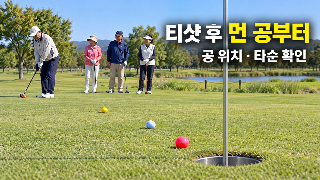 파크골프 티샷 후 홀컵에서 먼 공부터 치는 경기 순서