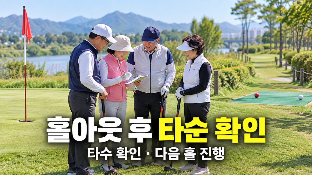파크골프 홀아웃 후 타수를 확인하고 다음 홀 타순을 정하는 장면